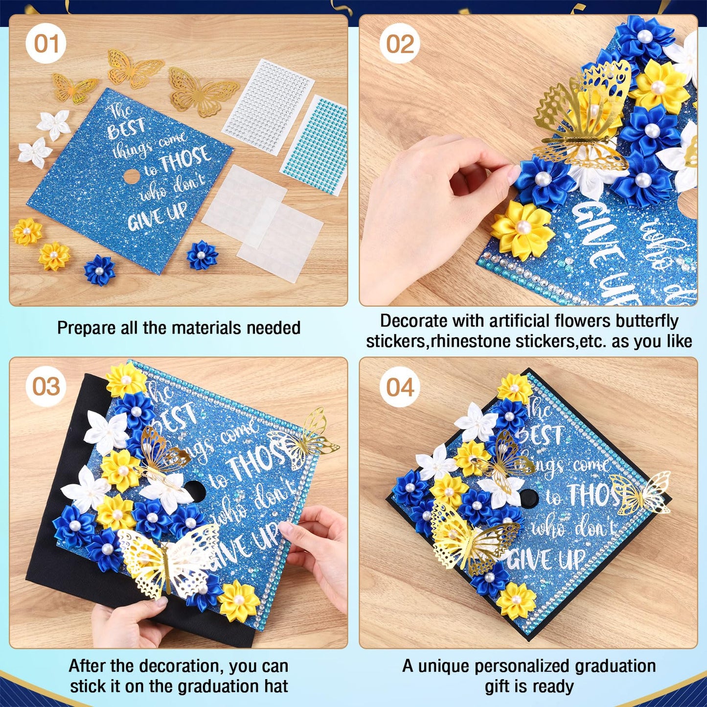 Dunzoom 36 Pcs DIY Graduation Cap Decorations Accessory Kit Artificial Flowers Inspirational Cardstock 3D Butterfly Stickers Rhinestone Stickers for DIY Hat Grad Cap Topper Graduation Party(Blue)