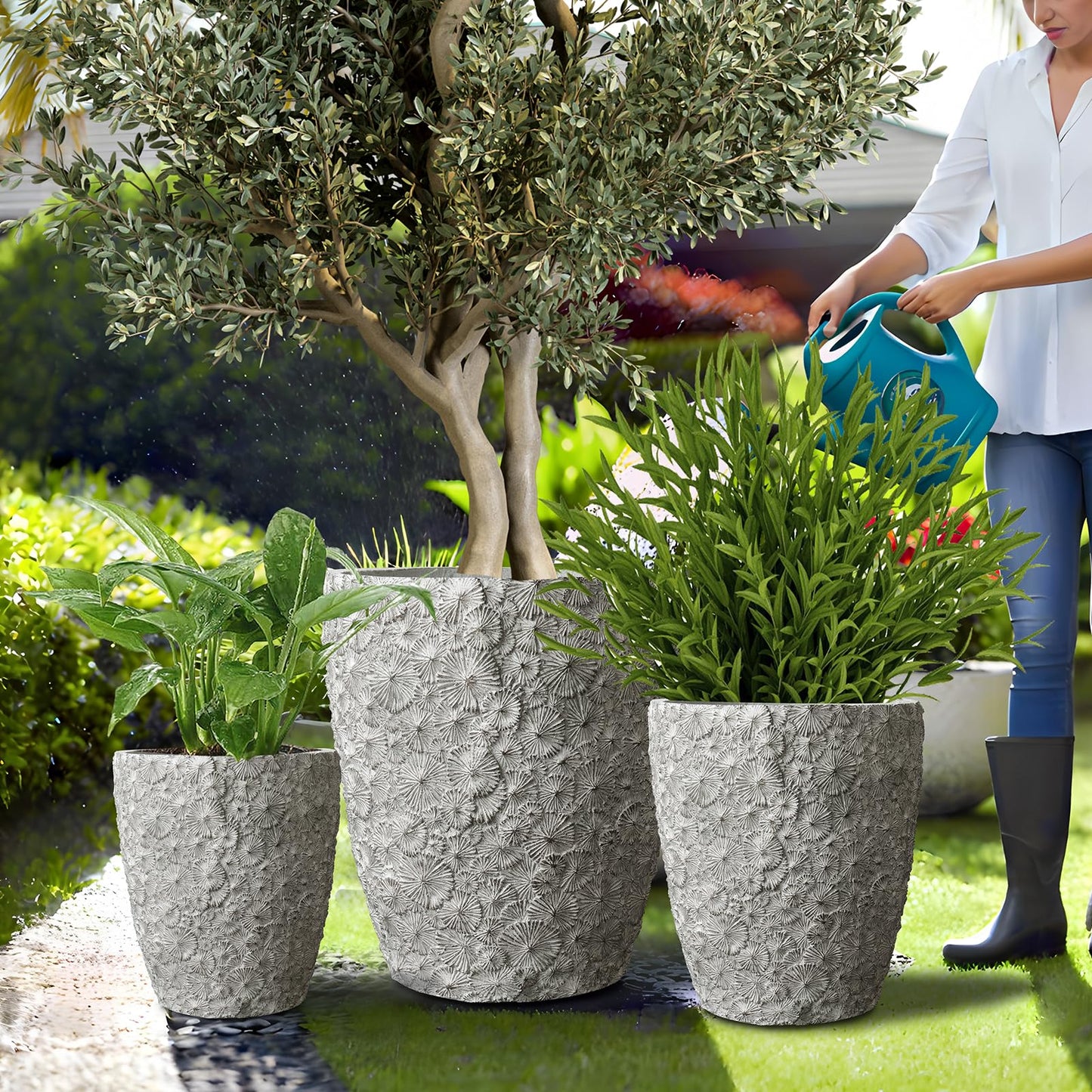 ShangDemonMaster Craft flowerpots 16"+12"+10" Dia Round Concrete Planter Set of 3 Large Outdoor/Indoor Planter Pots Containers with Drainage Holes and Rubber Plug for Home Garden (Grey, Large)