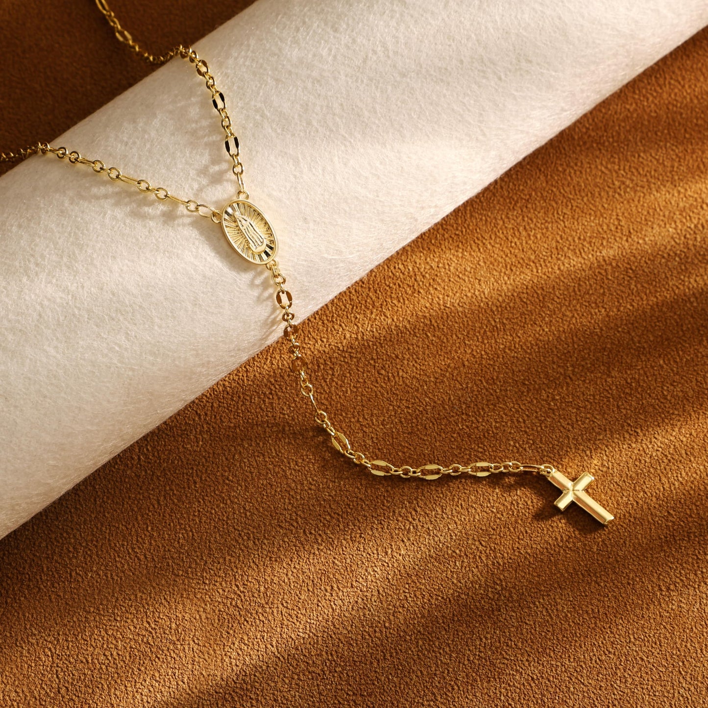 CHESKY 14K Gold Plated Long Necklace for Women Y Shaped Necklace Rosary Cross Drop Pendant Necklace Dainty Trendy Christian Jewelry