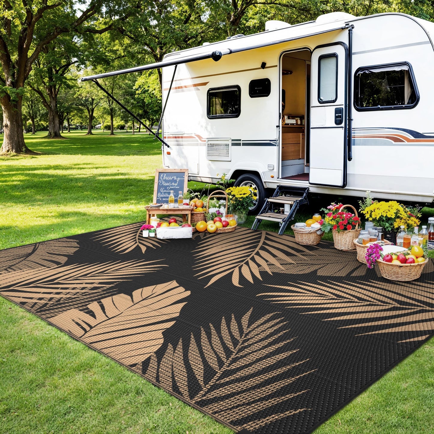 sarben Outdoor Rug 8’x10’ Waterproof for Patio Clearance, Reversible Indoor Outdoor Plastic Straw Camping Rug Carpet, RV Mat, Large Area Rug for Deck, Backyard, Balcony, Porch, Beach, Black & Brown