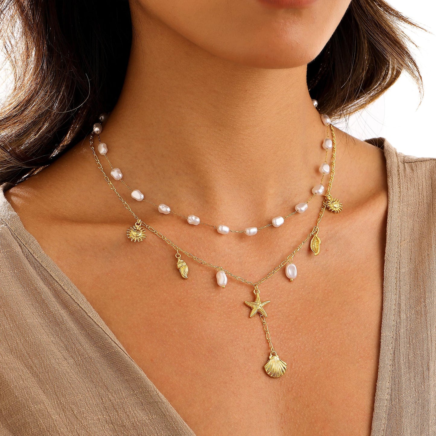 JALZEMPL Shell Charm Necklace For Women Stack Seashell Pearl Dainty Starfish Beach Layered 14k Gold Plated Pendant Summer Boho Jewelry Gifts (Style A)