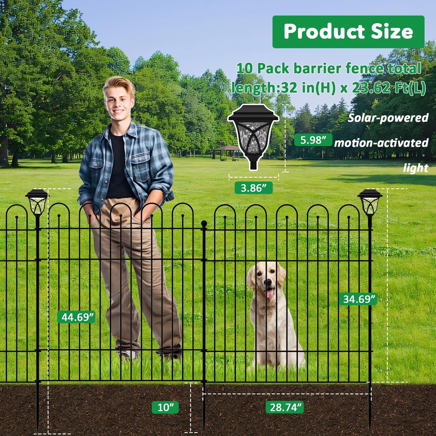 Garden Fence Animal Barrier with Lights & Gate, 32 in (H) x23.6ft (L) Decorative Garden Fence, 10 Panels No Dig, Rustproof Metal Temporary Fence, for Outdoor, Yard, Patio