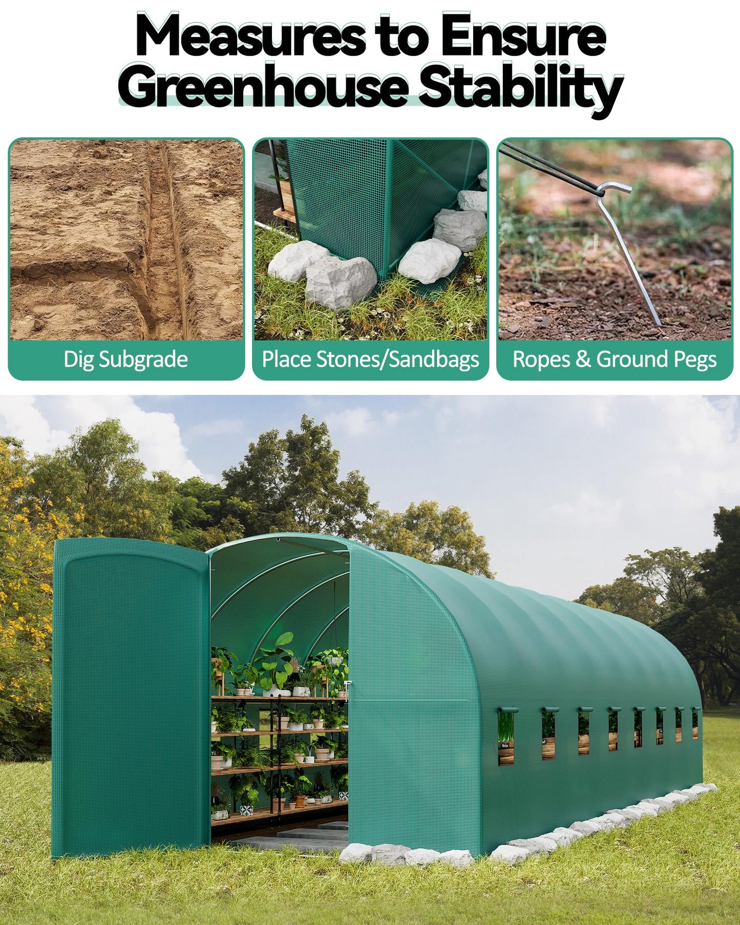 Large 27x10x7 ft Outdoor Walk-in Greenhouse with 16 Mesh Windows & Swing Door, 325x120 in Heavy-Duty Galvanized Steel Frame and Thick PE Cover for Full Protection, Green Garden Plant House for Backy