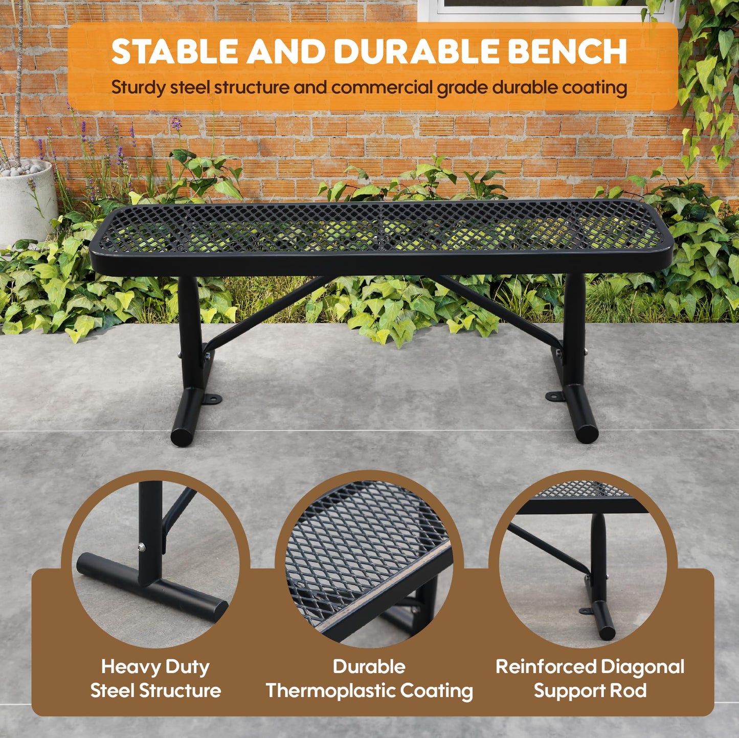 Congfutt 6FT Metal Park Bench for Outside, All-Weather Thermoplastic Coating Outdoor Bench with Anchor, Commercial Heavy Duty Benches for Shopping Malls, Stores, Parks, Patios, Decks, Black
