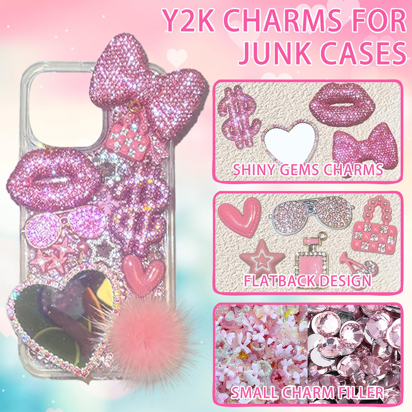 Gehaiwo Pink Junk Case Charms Kit, Junks Phone Cases with Rhinestone Accessories and Full Diamond Bow Lips Dollar Sign Pom Resin Kits Mirror with DIY Phones Decorations