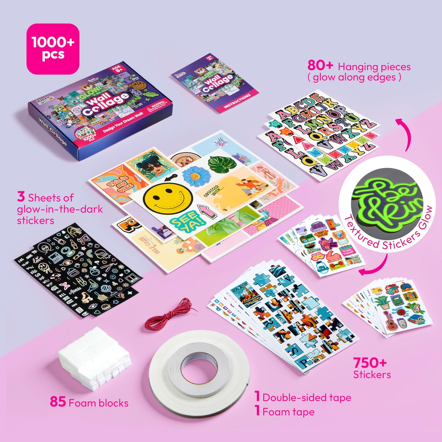 JOVA Klever Kits Glow in The Dark Wall Collage for Room Decor, DIY Poster for Teen & Tween Girls, Creative Arts and Crafts Gift Wall art for Kids aged 8 9 10 11 12 13 14