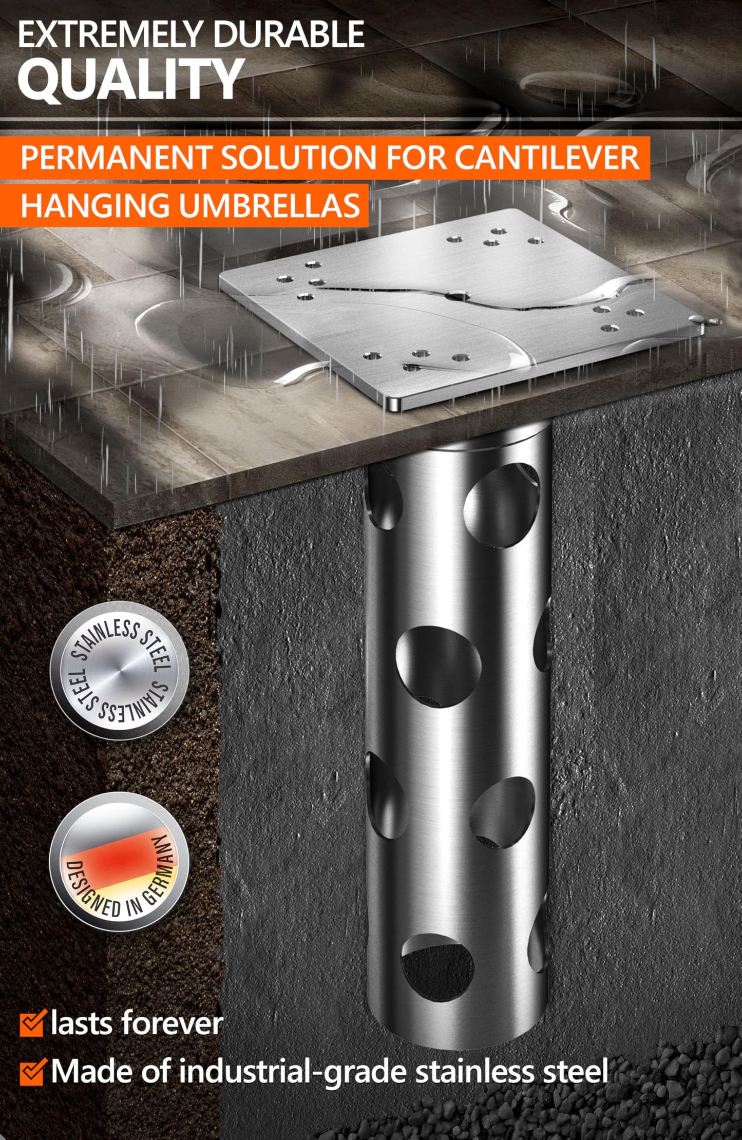4smile In-ground umbrella base, stainless steel - In-ground umbrella holder, lifelong quality - Umbrella stand outdoor base, load capacity up to 2,200 lbs