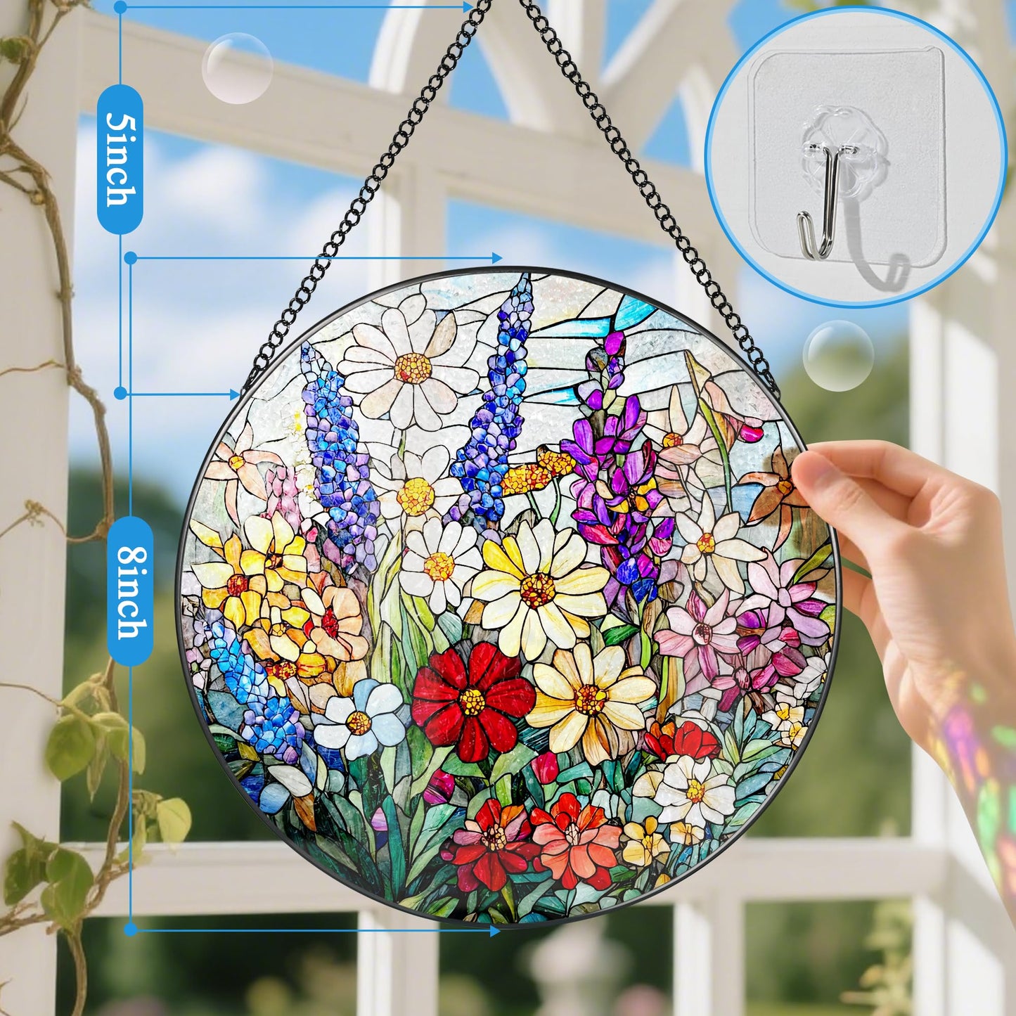 Stained Glass Window Hanging, 8 Inch Wildflower Stained Glass Suncatcher, Suncatchers for Windows Hanging, Wildflower Window Decor, Florist Gift, Flower Lover Gifts, Gifts for Mom, Grandma