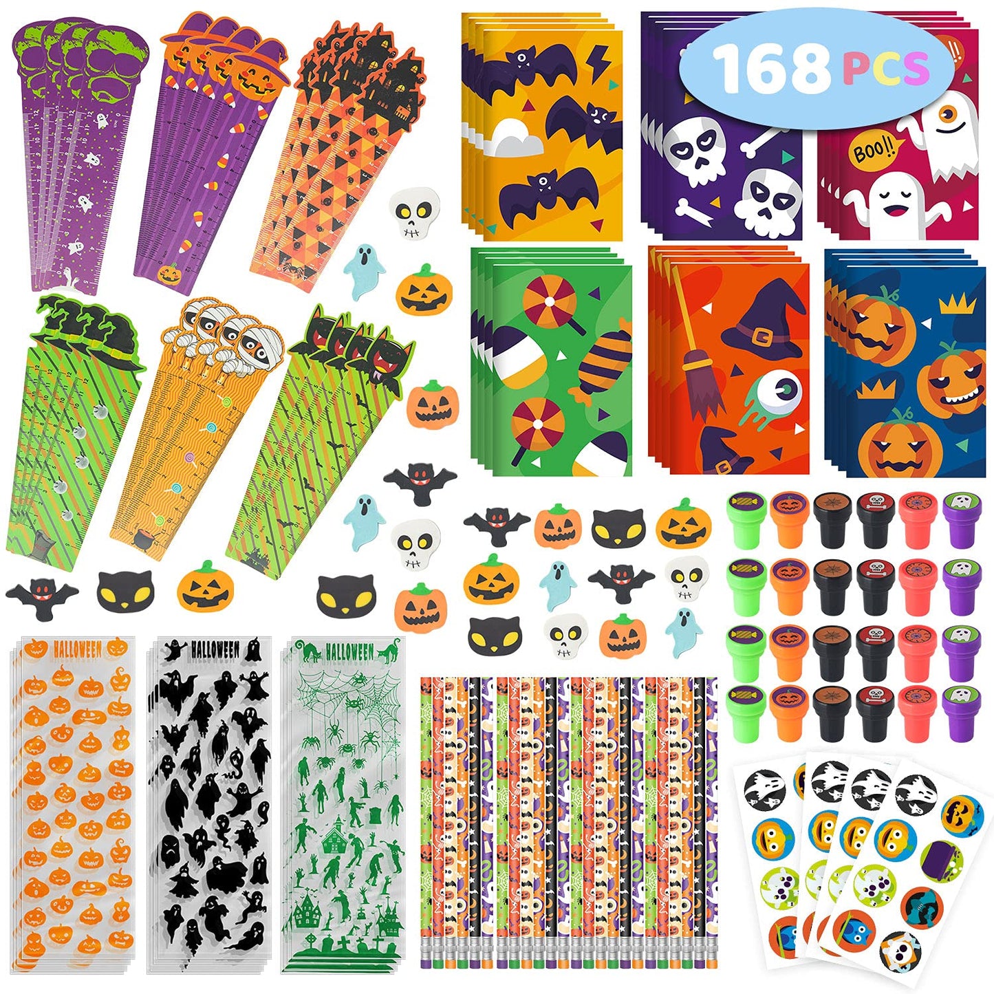 SpringFlower 168pcs Halloween Party Favors For Kids, Halloween Stationery set , Halloween Goody Bag Fillers including Pencil, Eraser, Ruler, Notepad, Stamper, Sticker For Trick or Treat