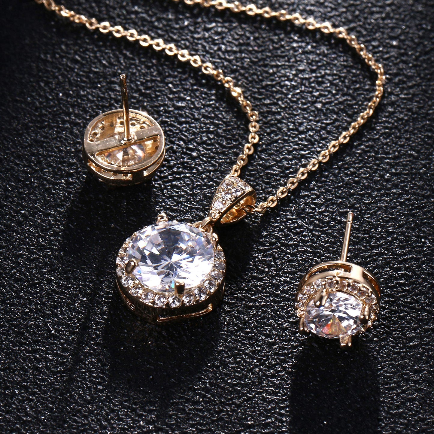 AMYJANE Crystal Jewelry Set Bride Bridesmaids - 14k Gold Plated Sterling Silver Round Cubic Zirconia Crystal cz Bridal Pendant Necklace Earrings Set for Women Party Prom