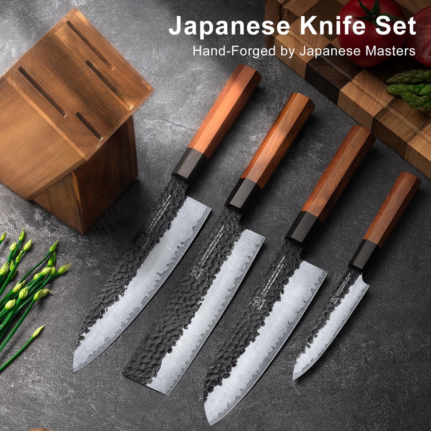 FAMCüTE Japanese Knife Block Set, Hand Forged 5-Layer 9CR18MOV Clad Steel Ultra Sharp Kitchen Knives with Wooden Storage & Rosewood Handle, Includes Chef, Santoku, Nakiri, Fruit Knife for Home Mom/Dad
