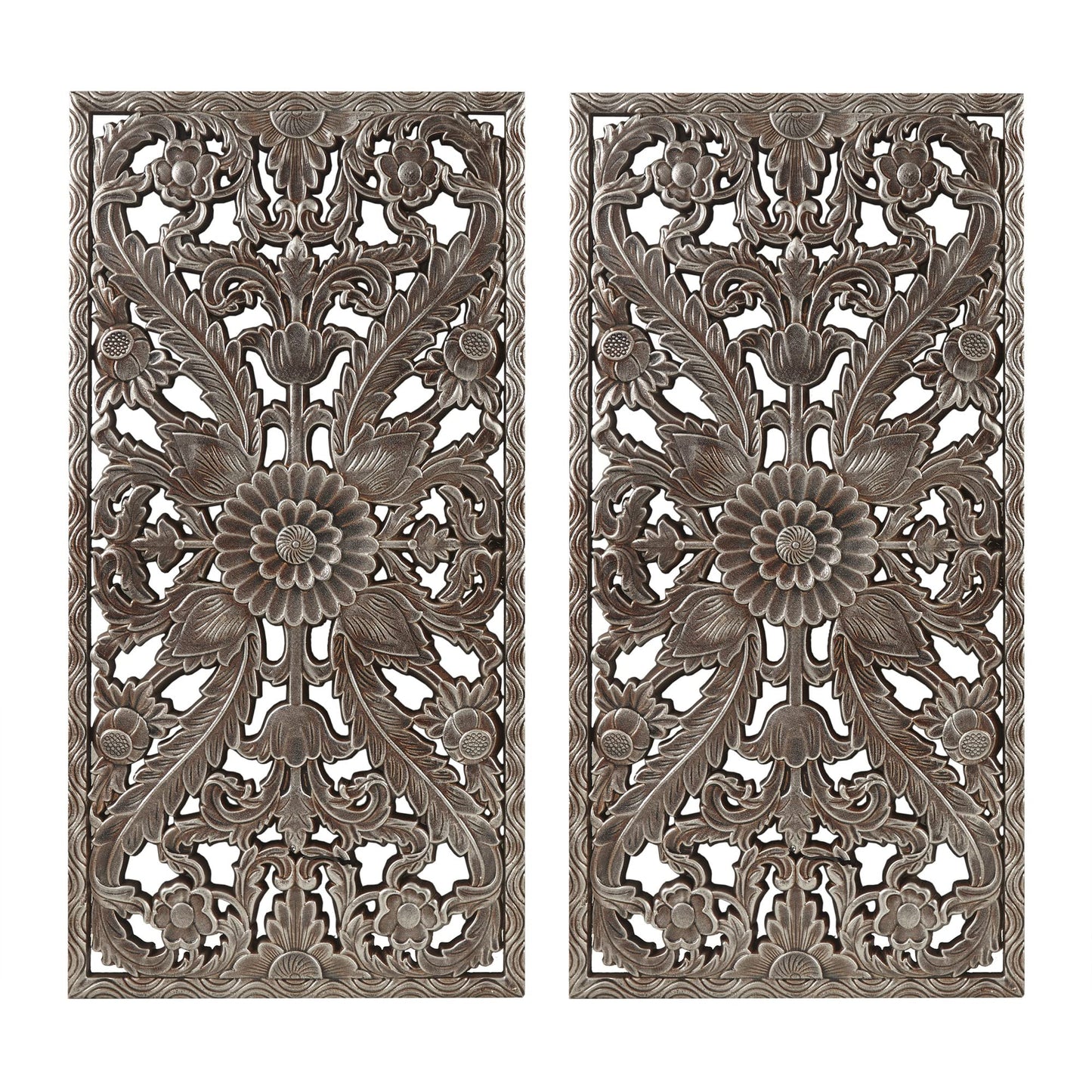 Madison Park Wall Art Living Room Décor - Floral Antiqued Wooden Carving Wall Decor Panel, Silver Embellished, Ready to Hang Wall Decor for Bedroom, 15.75"W x 31.5"L x 0.59"D, Bronze, 2 Piece