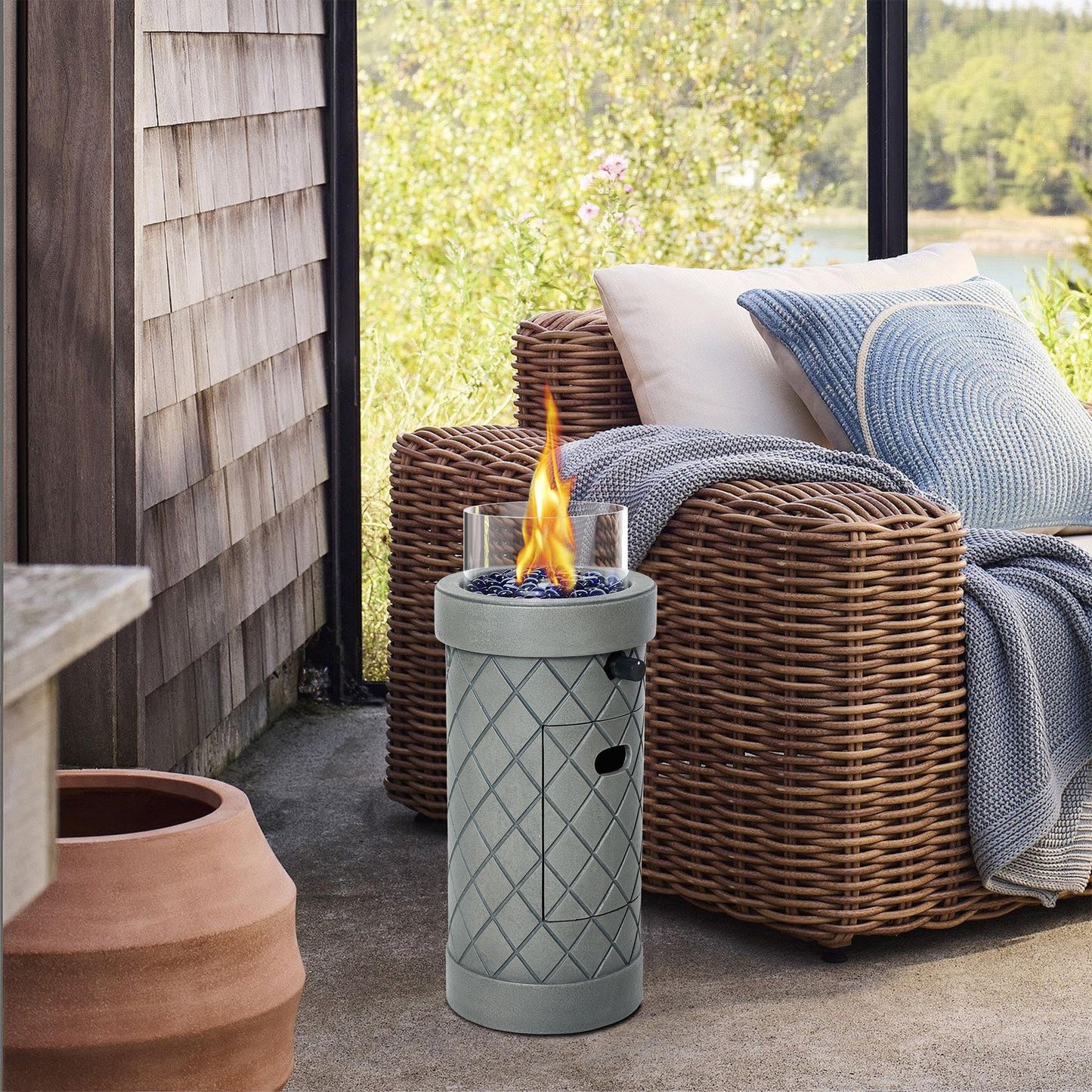 1 lb Column Propane Fire Pit, 10,000 BTU Gas Fire Pit, Outdoor Firepit for Patio w/Wind Glass Shield, Glass Rocks