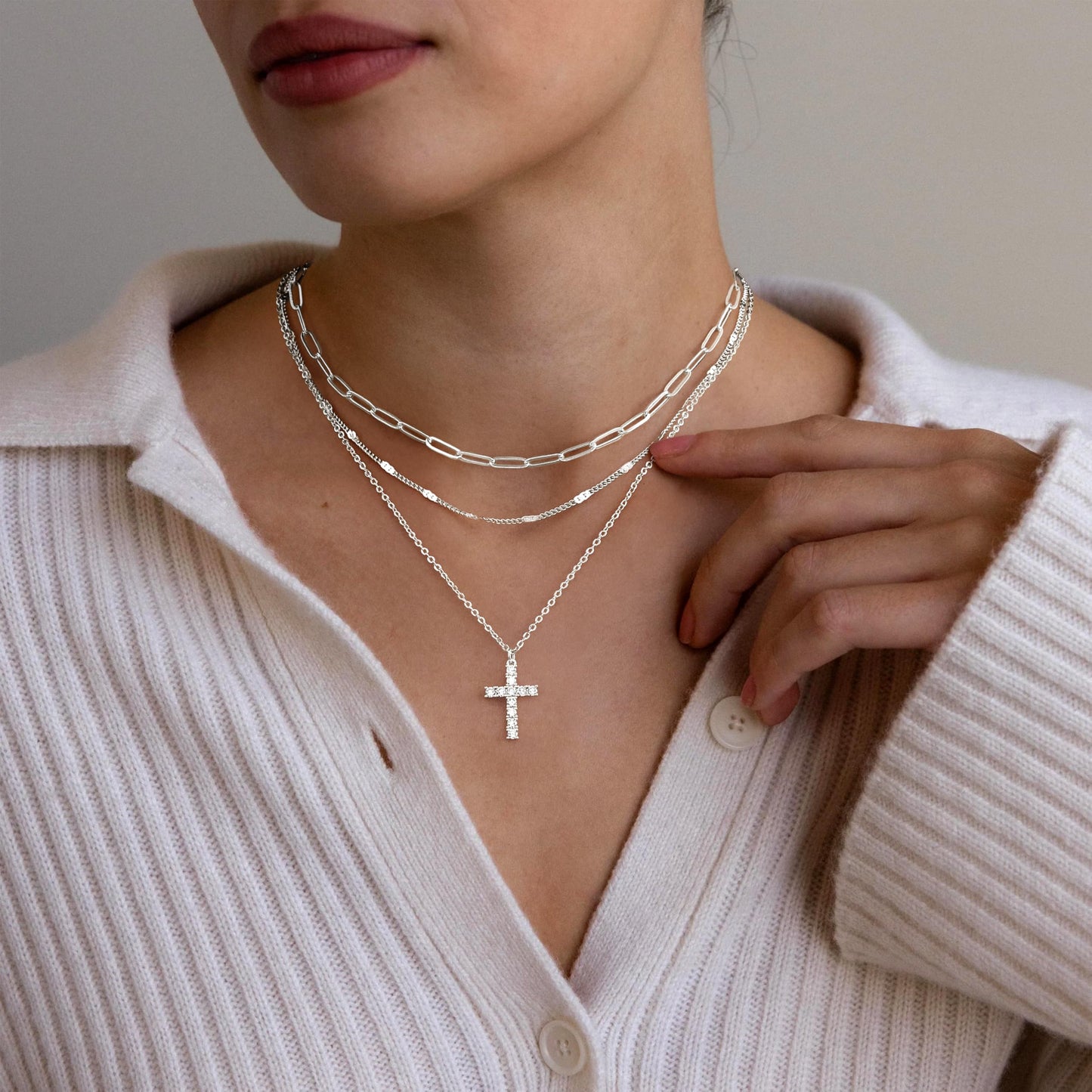 Layered Silver Gold Necklaces for Women,Silver Plated Dainty Stackable Choker Necklaces for Women,Trendy Layering Cubic Zirconia Cross Pendant Paperclip Thin Chain Necklace Set Jewelry Gifts for Women