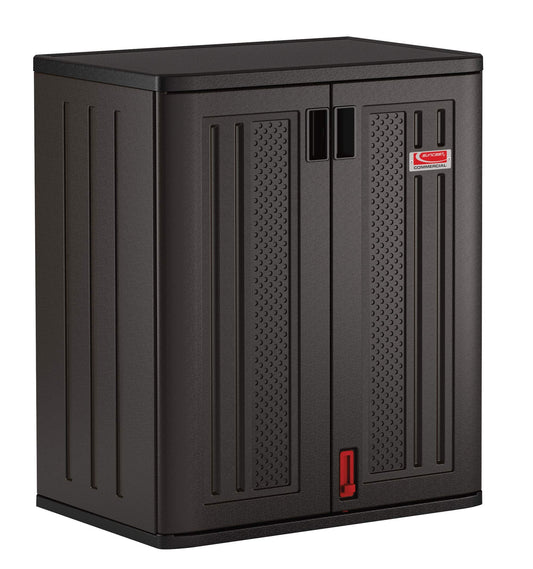 Suncast Heavy-Duty Resin Outdoor Storage Cabinet, 30" W x 20.25" D x 36" H Dark Grey Base Garage Storage Cabinet with Lockable Doors and Metal Reinforced Shelves, Made in The USA