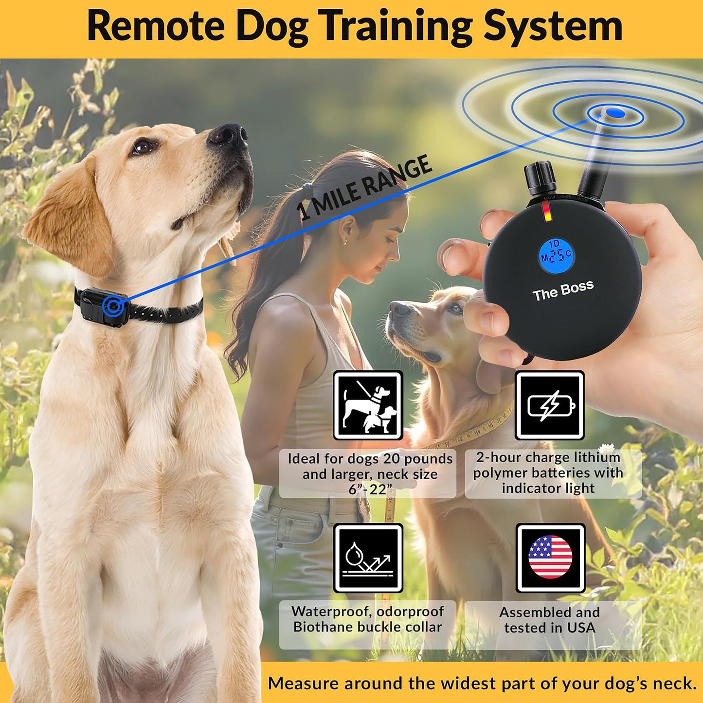 Educator ET-800 “The Boss” Dog Training E-Collar with Remote–1 Mile Range, 100 Levels Stimulation,Waterproof & Rechargeable–For Med & Lg Dogs 15 lbs+–Night Tracking Light, Expandable to 2 Dogs,Black