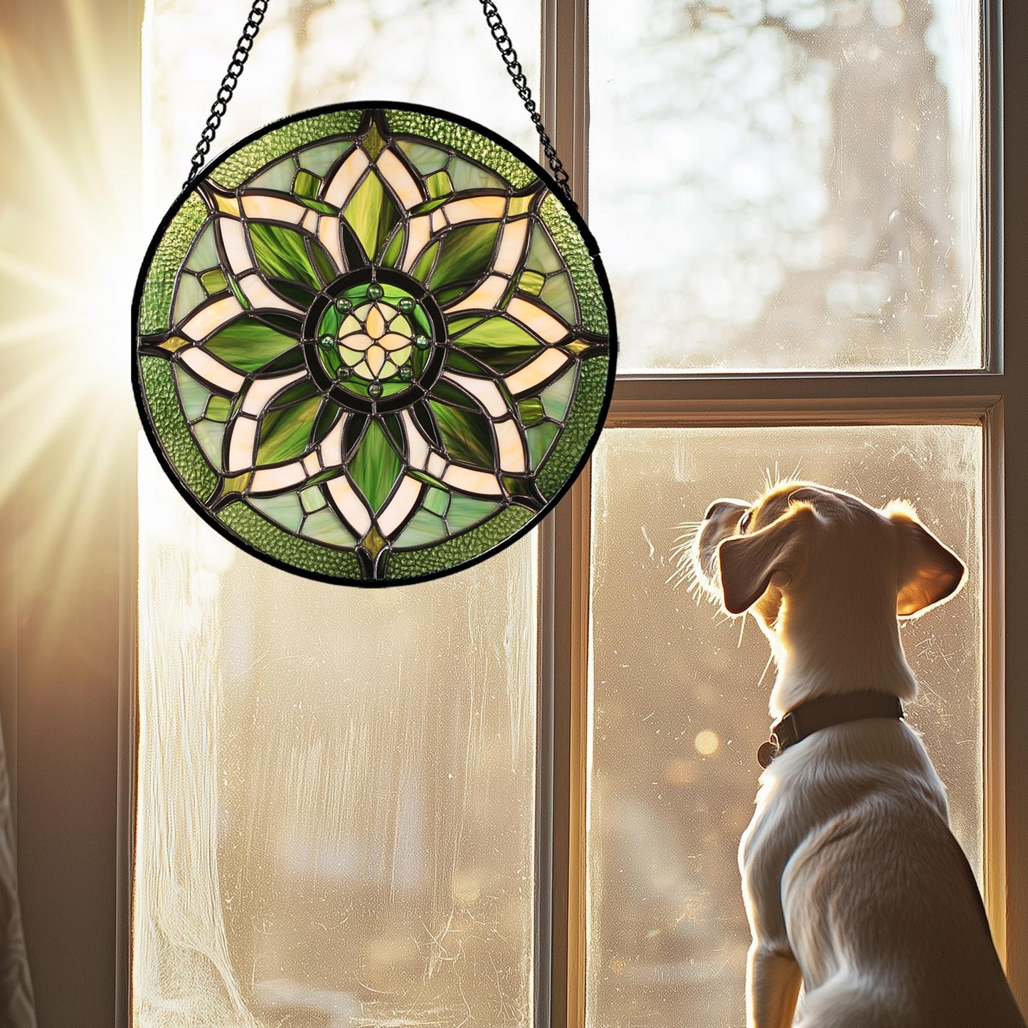 HWRHTR Stained Glass Window Hanging - White Green Boho Flower Suncatcher for Doors Window Home Sun Catchers Decor Christmas Mother's Day Birthday Gifts for Teacher Women Men Mom Nana 6.3 in