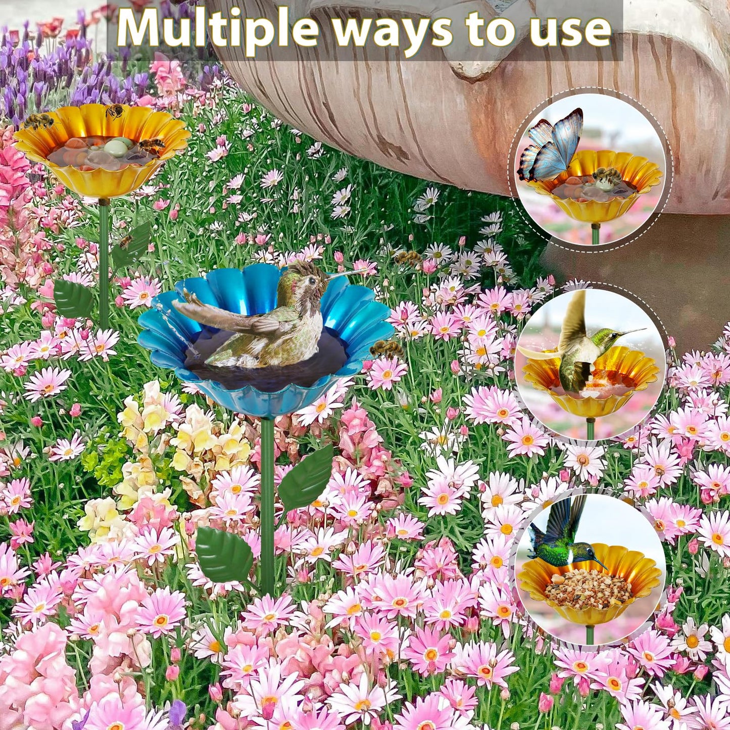 Retyion Large Bee Watering Station, 4 Pack Small Bird Bath for Outside, Metal Butterfly Feeders Bowl with 5.32'' Flower Design Bee Bath for Garden Decor (Classic-Flower 4-Pack)