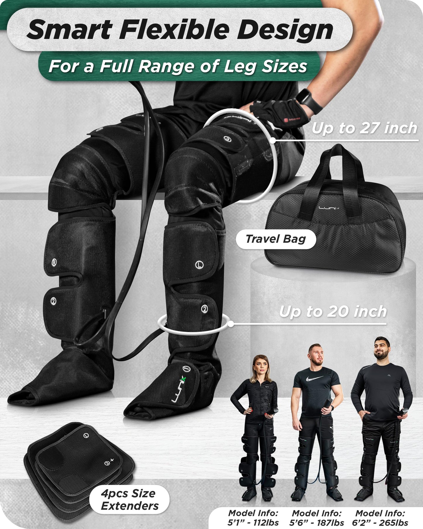 Lunix LX10 Full Leg Massager with Heat & Air Compression, Foot Calf and Thigh Massage Boots for Everyday Recovery, Adjustable Fit, Cold Therapy Option, Handheld Controller, Charcoal Black