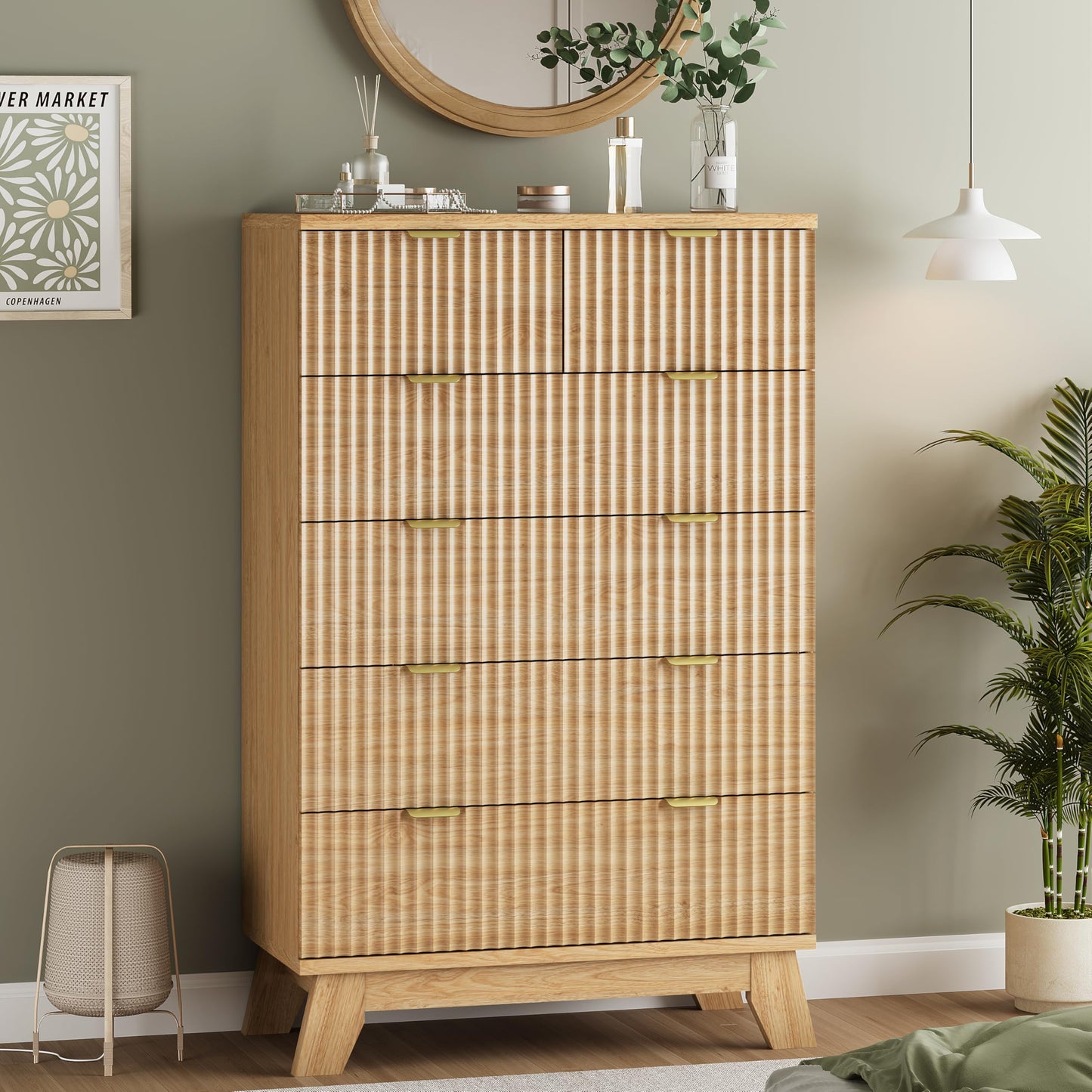 Fluted Dresser for Bedroom with 6 Drawers, 46" Tall Modern Chest of Drawers with Metal Handle, Wooden Dresser TV Stand, Wood Closet Clothes Storage Organizer for Living Room, Hallway, Natural Oak