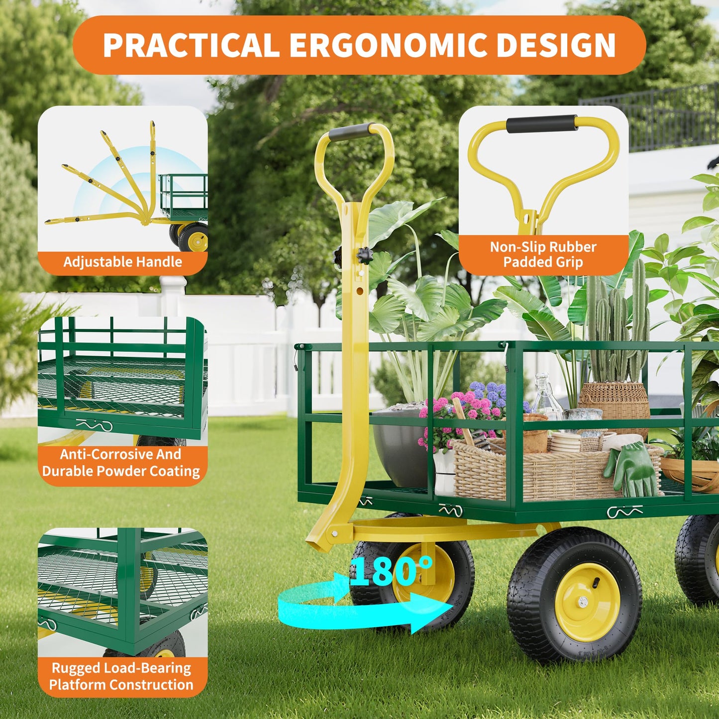 Garden Cart & Utility Wagon1200 lb Heavy-Duty Wheelbarrow, 47"x31" Steel Yard Cart with Wheels, 180° Adjustable Yellow T-Handle, Green (for Lawn, Patio & Farm)