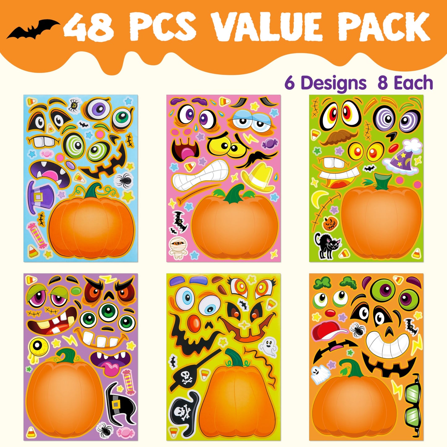 JOYIN 48 Pcs Halloween Pumpkin Stickers for Kids, Halloween Party Favor, Craft Party Supplies, Funny Sticker with Different Pumpkin Design, Classroom Activities Games Goodies Treat Gifts（Age 3+）