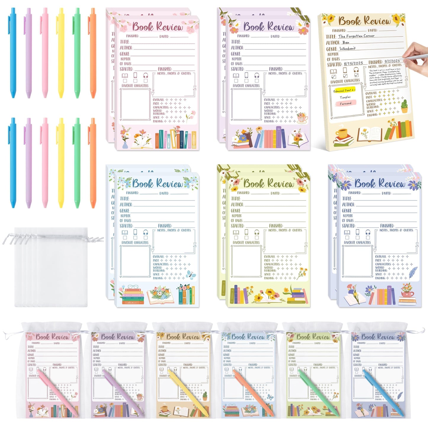 L1rabe Flower Book Review Notepad Set - Back to School Gift 12 Reading Journal Tracking Notepads 12 Pens 12 Organza Bags for Book Lovers Readers Bookish Bookworm Gift, Reading Log for Students Women