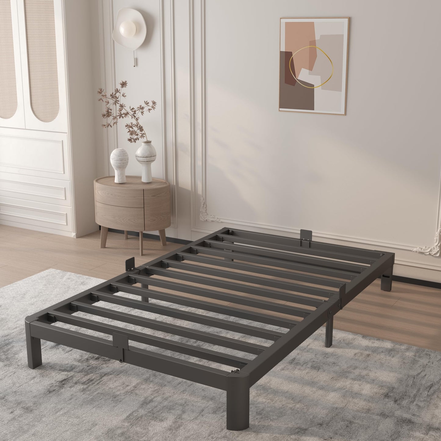 HQU 6 Inch Twin Size Bed Frame with Metal Gaskets, No Box Spring Needed, DIY Headboard, Heavy Duty Steel Slat Support, Anti-Slip Mattress Stopper, Round Corner Leg, Easy Assembly, Black