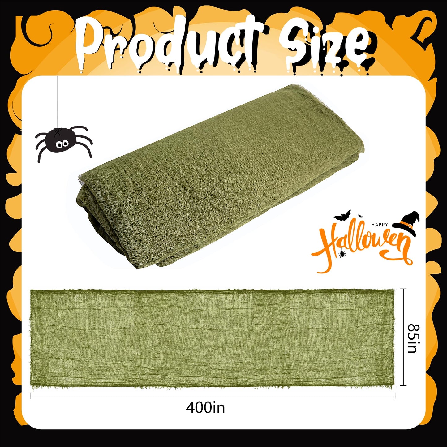 Watayo 400 x 85 Inches Halloween Dark Green Creepy Cloth, Oversize Halloween Cheese Cloth, Scary Spooky Fabric Gauze for Outdoor Haunted House Yard Doorway Decor