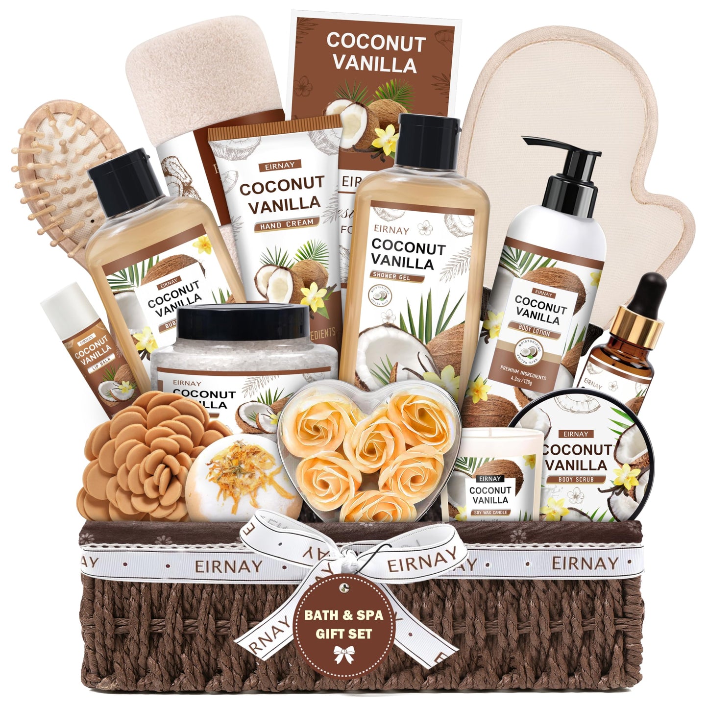 EIRNAY Christmas Gifts For Women - 16 PCS Birthday Gift Basket for Women Set of Coconut Vanilla Self Pampering Set, Includes Luxurious Home Spa Shower Gel Bubble Bath