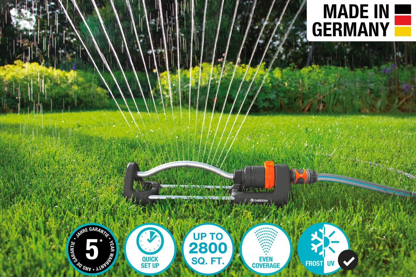 GARDENA (18700) Up to 2400 sq ft - Adjustable Oscillating Yard Sprinkler, for Watering Large Area Lawn and Garden. Gardena Outdoor oscillating sprinklers Have Wide Heavy Duty Base.