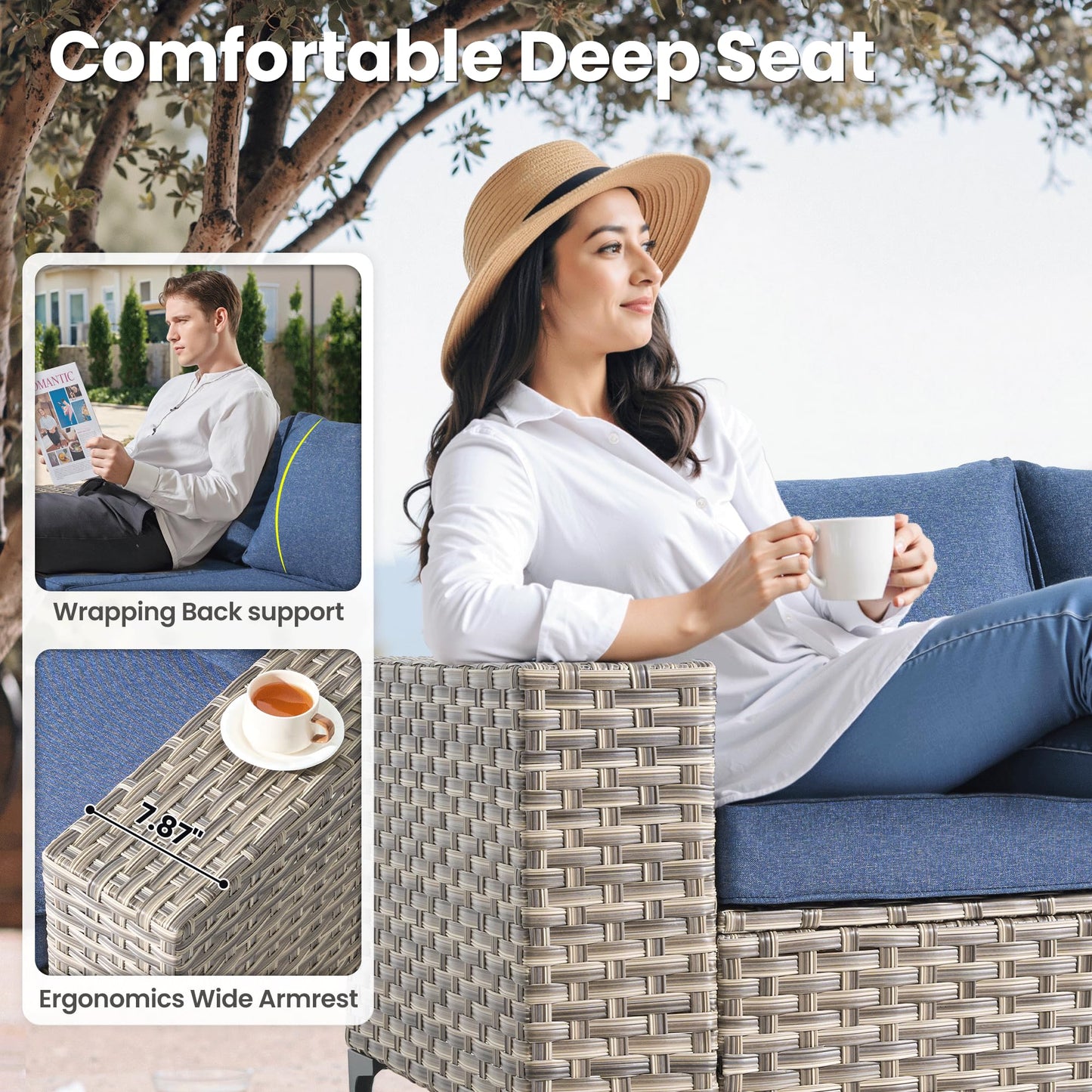 ovios 8-Piece Patio Furniture Outdoor Sectional Sofa Couch with Rocking Swivel Chairs Deep Seat Chaise Comfy Cushions, Modern Modular Wicker Rattan Conversation, Denim Blue