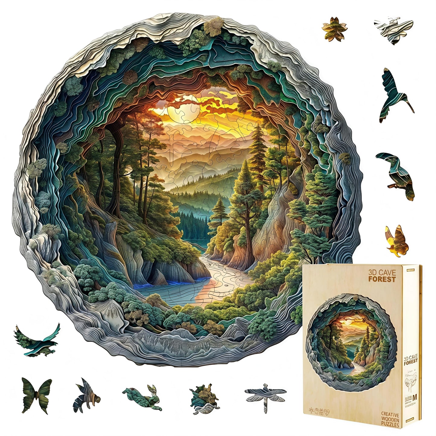 Jollitot Wooden Puzzles, 3D Cave Forest Puzzle 300 Pieces, Unique Animal Shaped Wood Challenging Jigsaw Puzzles Ideal for Adults, Premium Wood Gift Box 13.4x13.3in
