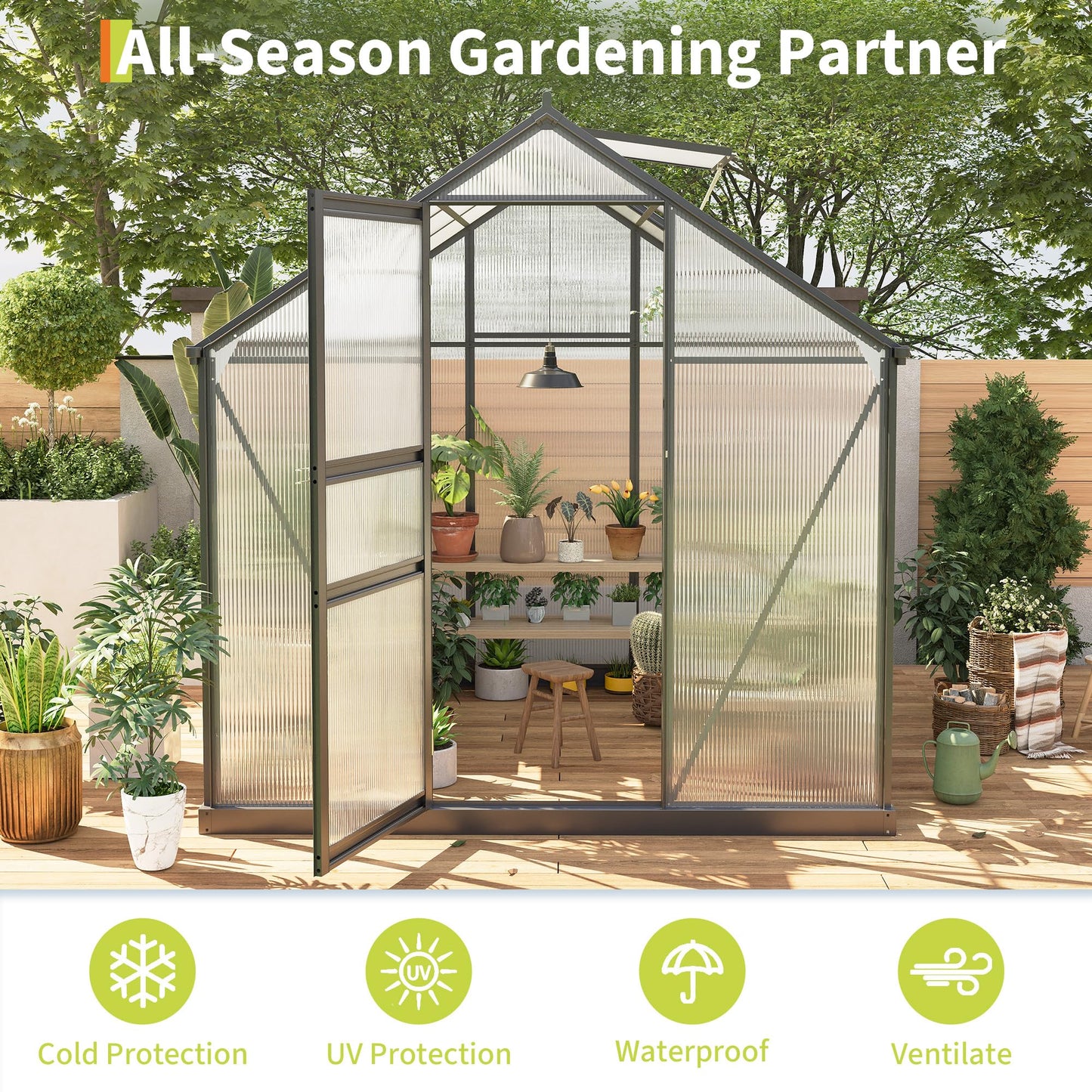 6x6FT Walk-in Greenhouses for Outdoors, Heavy Duty Polycarbonate Green House with Quick Setup Structure, Roof Vent, Push-Pull Lockable Door, Aluminum Green House for Garden Backyard, Patio, Lawn