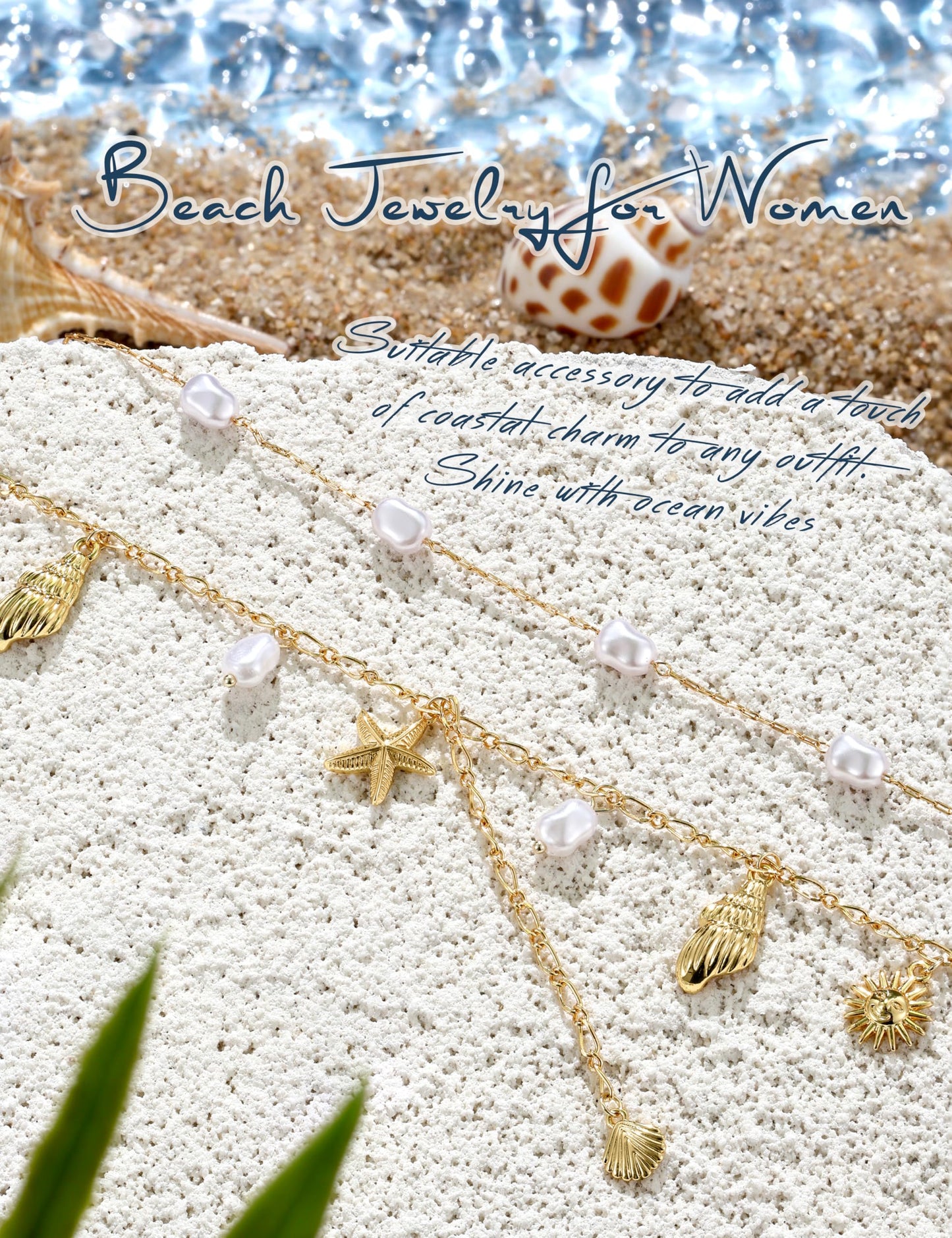 LOYALLOOK Shell Starfish Necklace for Women, 14k Gold Plated Dainty Layered SeaShell Conch Starfish Pearl Charm Necklace Stack, Non Tarnish Waterproof Gold Beach Accessories for Summer Vacation 2pcs