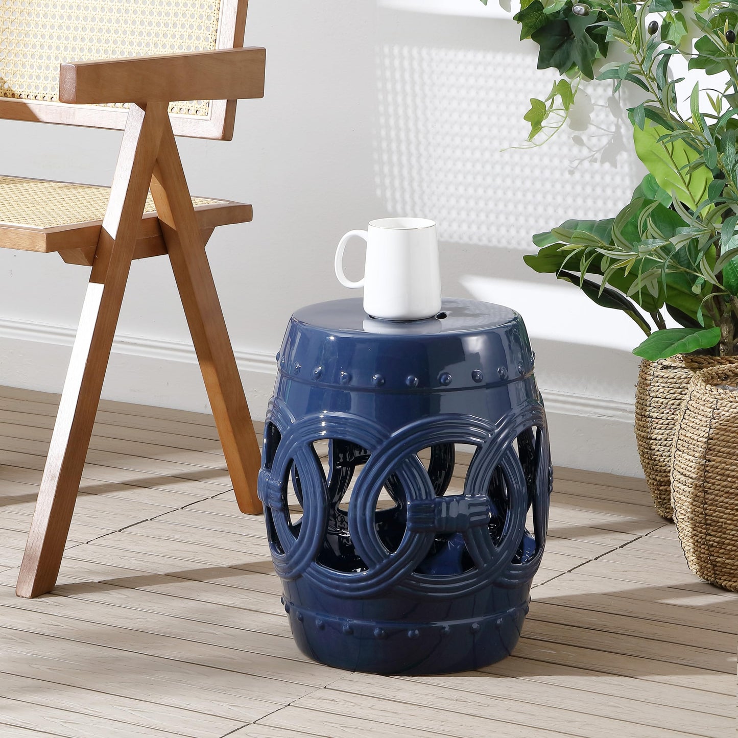 JONATHAN Y TBL1022B Lucky Coins 16" Chinese Ceramic Drum Indoor/Outdoor Garden Stool Bohemian, Coastal, Classic, Cottage, French Country, Traditional, Side Table, Plant Stand, Spill-Proof, Navy