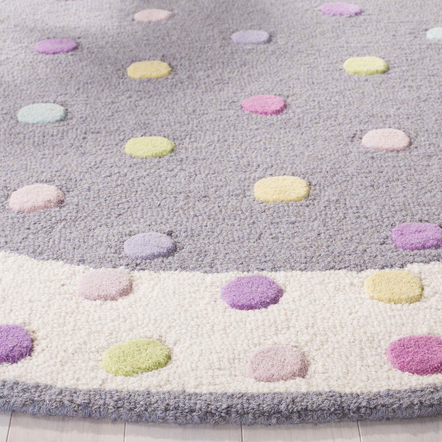 SAFAVIEH Kids Collection Area Rug - 3' Round, Grey & Multi, Handmade Polka Dot Wool, Ideal for High Traffic Areas in Playroom, Nursery, Bedroom (SFK101F)