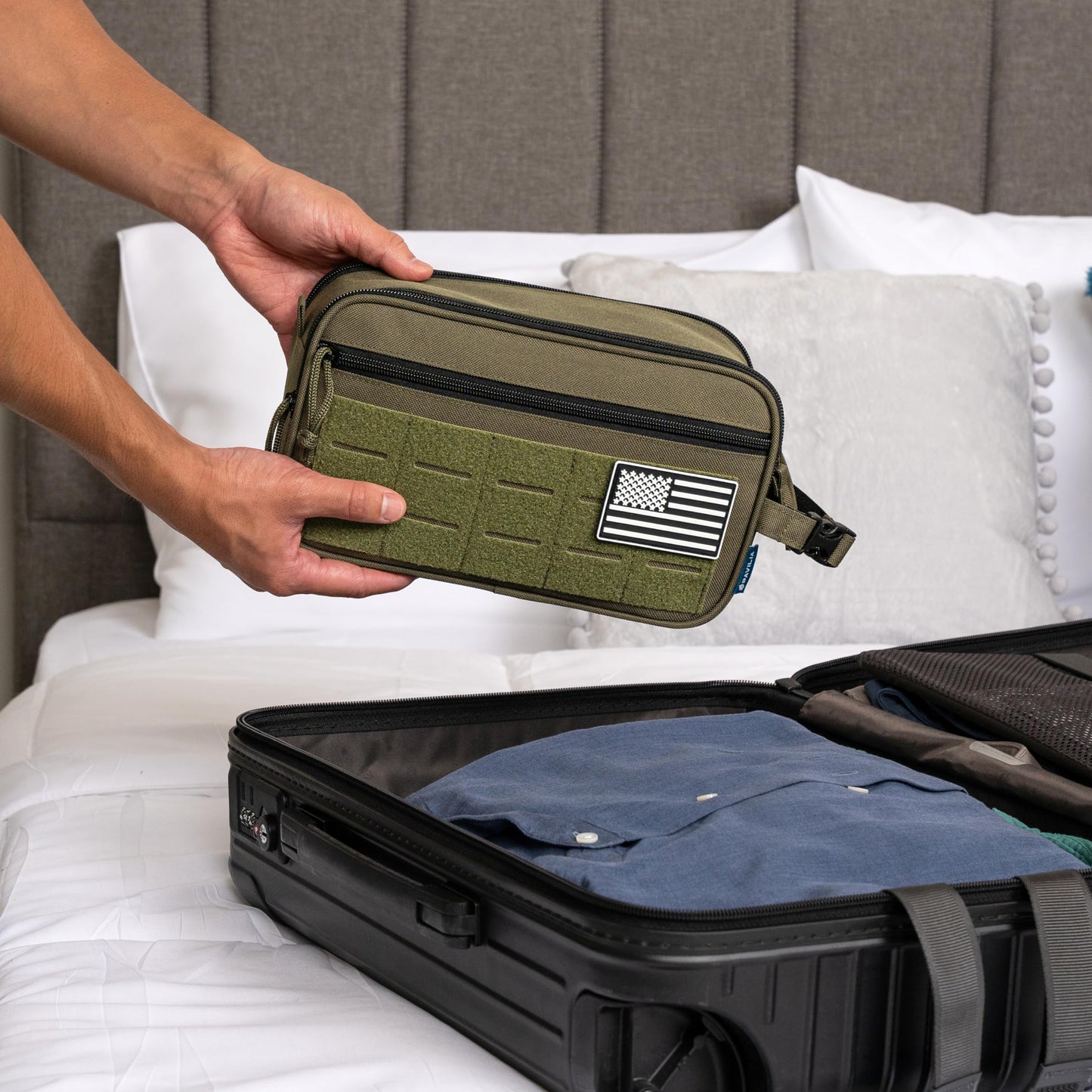 PAVILIA Tactical Toiletry Bag for Men, Travel Hygiene Bag, Military Gear Dopp Kit, Water Resist Molle Accessories Pouch, Mens Shaving Essentials, Gym Bathroom Shower Small Toiletries Tool EDC, Olive