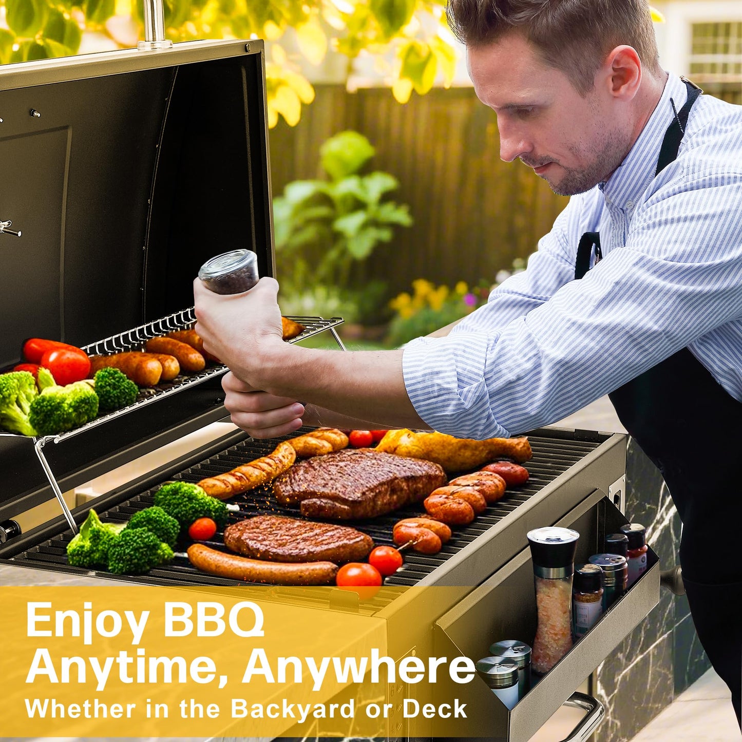 Built-in Charcoal Grill, Large BBQ Grills with Liftable Tray, Insulated Hood & Temp Gauge, Black Stainless Steel Barrel Grill for Outdoor Kitchen, Family BBQ Parties & Patio Use