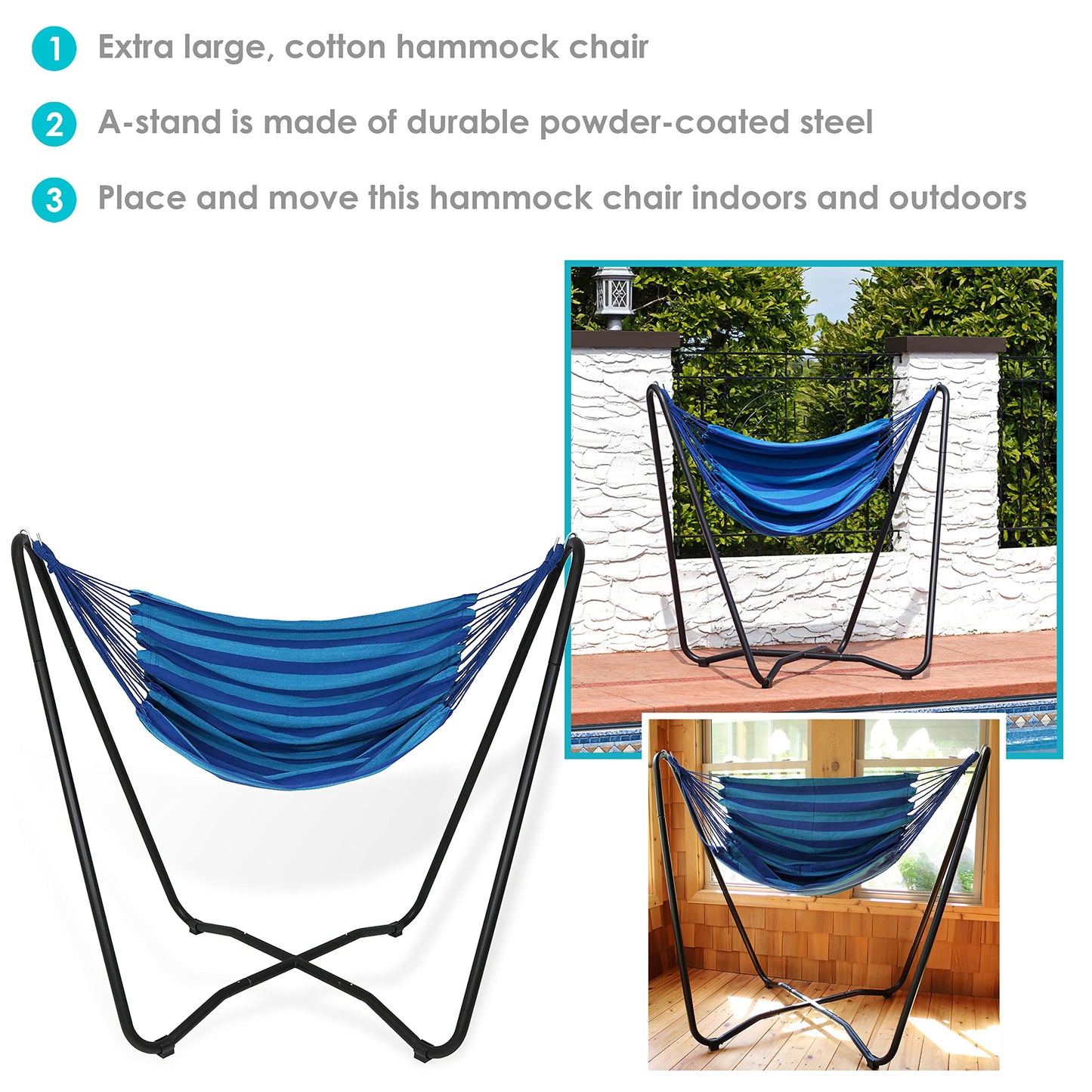 Sunnydaze Hanging Hammock Chair with Space-Saving Stand for Indoor or Outdoor Use - 330-Pound Capacity - Beach Oasis