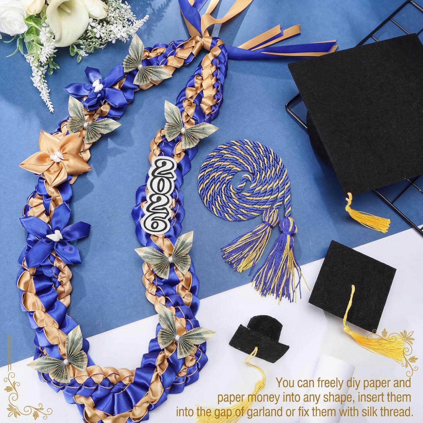 Craftsatin 2026 Graduation Money Leis with Honor Cord Class of 2026 Graduation Ribbon Money Leis Double Braided Handmade Necklace Kit for for High School College Grad Party Supplies (Blue Dark Gold)