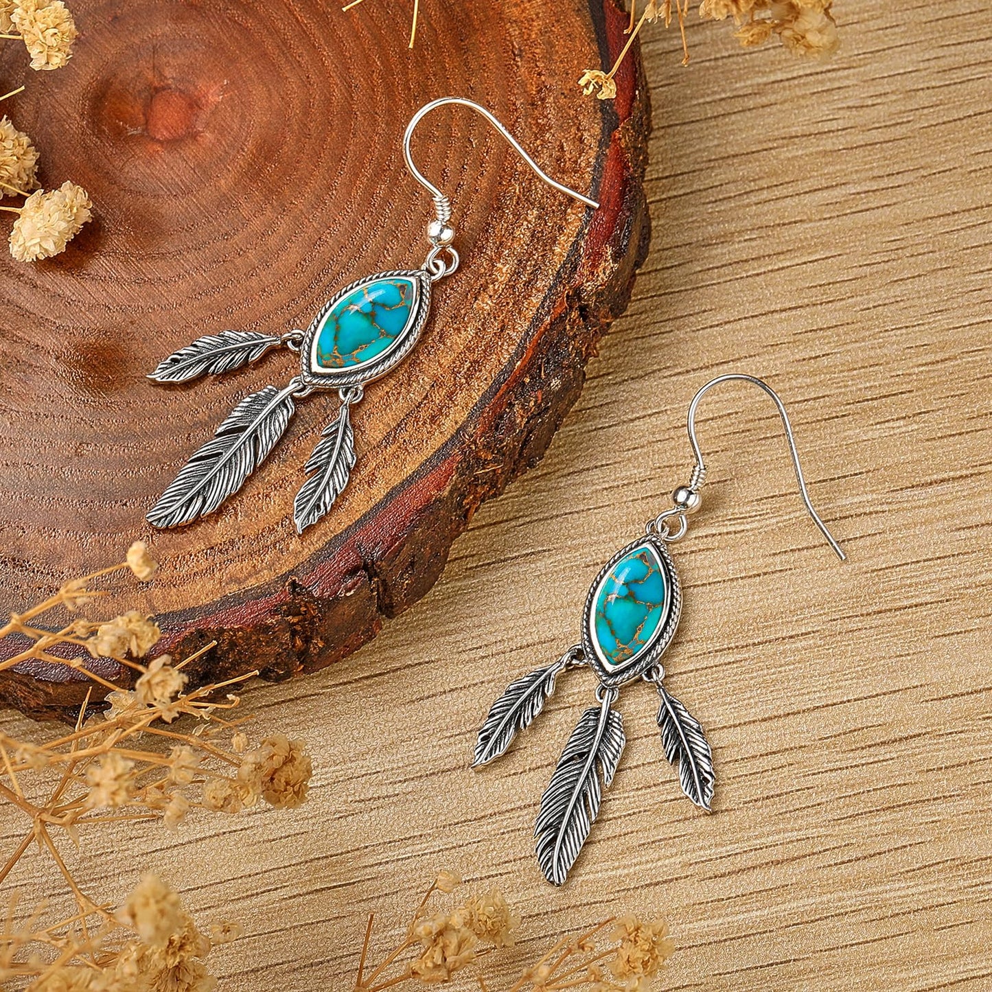 AVECON Genuine Teal Turquoise Feather Dangle Earrings for Women, 925 Sterling Silver Mohave Pierced Drop Earring with Hook and Leaf, Boho Western Country Native American Jewelry for Cowgirl & Cowboy