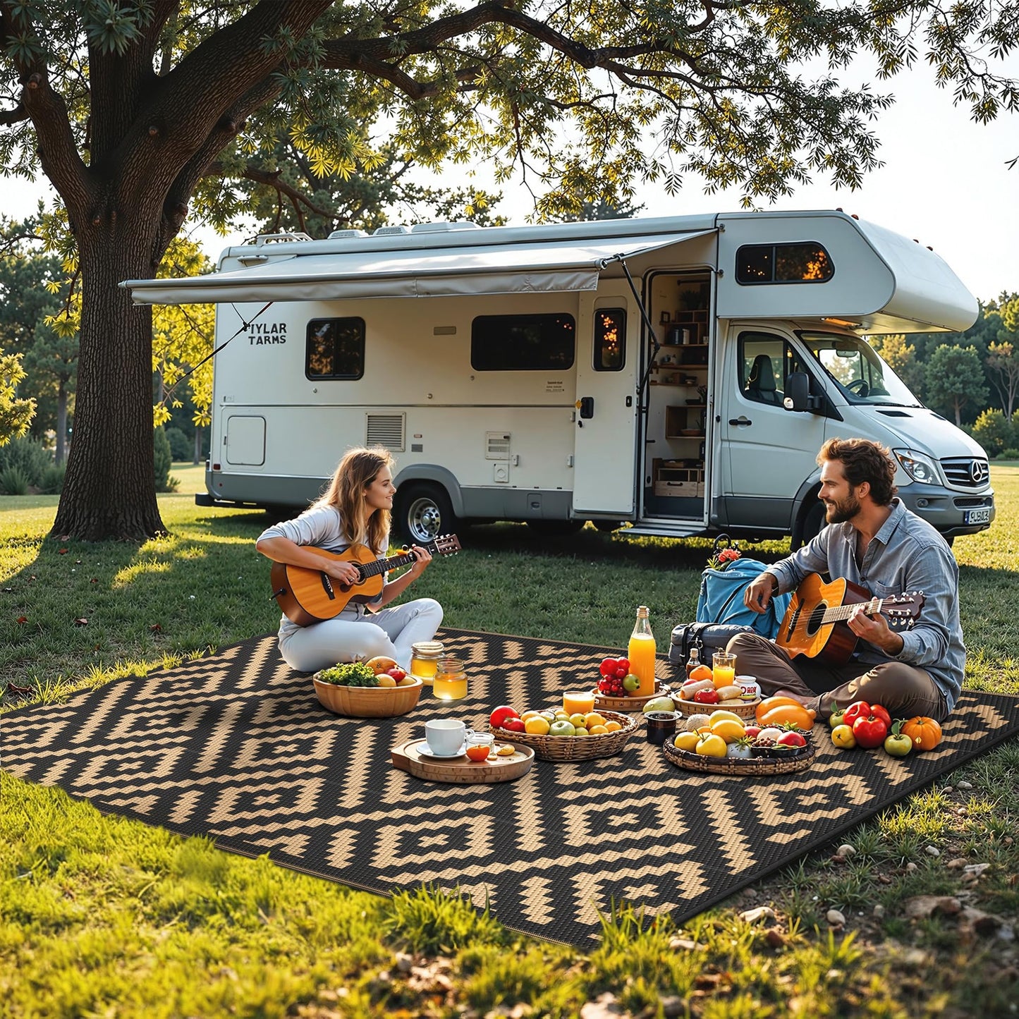 sarben Outdoor Rug for Patio - Waterproof Plastic Straw Camping Rugs 4x6 ft, Reversible Outdoor Indoor RV Mat Carpet for Patio, Porch, Deck, Balcony, Picnic, Beach, Black Brown