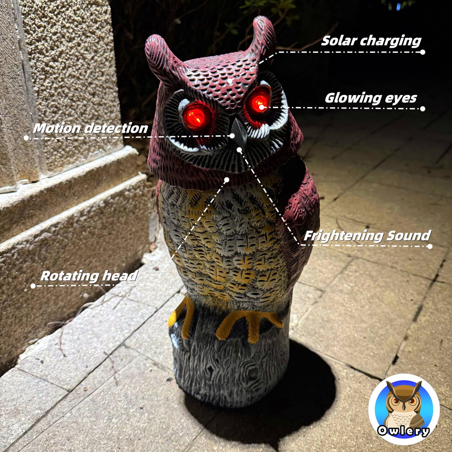 Solar Owl Guard with Motion Detector, Flashing Eyes, Spinning Head, Realistic Hooting and Silent Mode, Garden Owl, Outdoor Statue, Decoration for Home, Garden, Patio and Fence