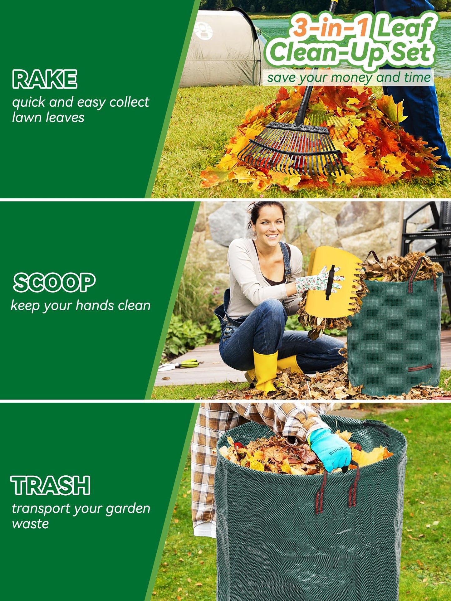 Garden Rake for Leaves Lawns, 3-in-1 Gardening Tools Set with 5 ft Metal Rake, Leaf Scoops Hand Claws, 32 Gallon Reusable Yard Waste Bag, Heavy Duty 25-Tine Rakes for Quick Pick Up, Clear n Collect