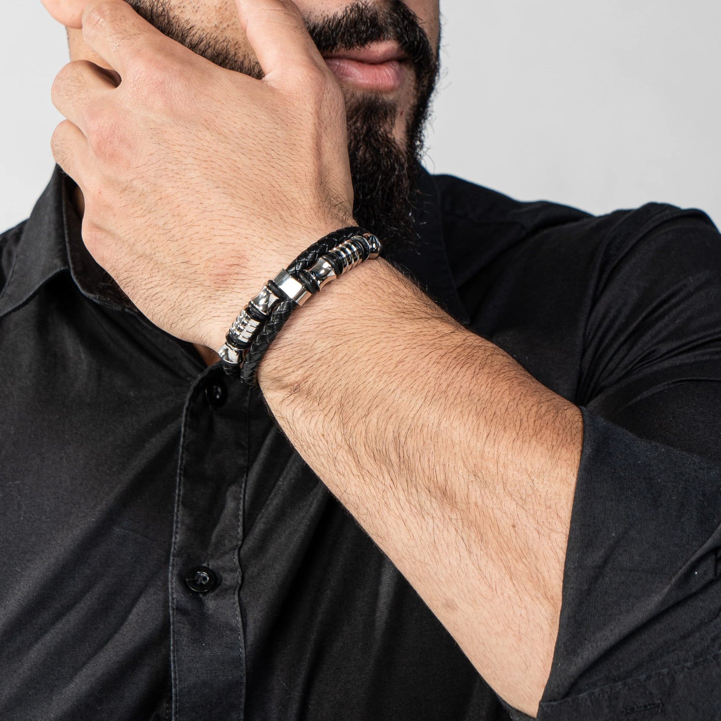 SERASAR 9″ Silver Leather Bracelets for Men Mens Cowhide Gift Box Braided Bracelet Stainless Steel Jewelry Wrist Band Cuff Wrap Rope Bangle Dad Pulseras para Hombres Cuero Regalo