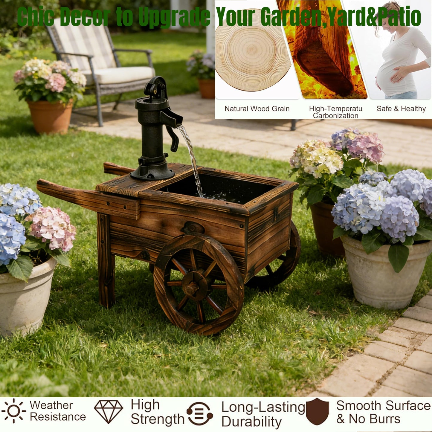 NestNature Outdoor Water Fountain,Wooden Wagon Wheel Pump Old-Fashioned Fountain,Electric Decorative Hand Pump, Outdoor Water Feature for Patio, Garden & Indoor Decoration