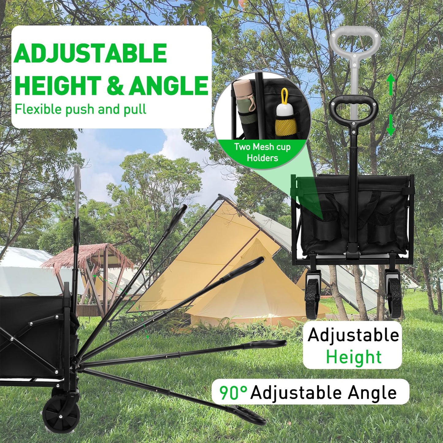 Collapsible Foldable Camping Cart, 200lbs Foldable Wagon Cart with Wheels, 150L Shopping Cart for Groceries Folding Utility Wagon for Beach, Garden, Camping, Sport, Black