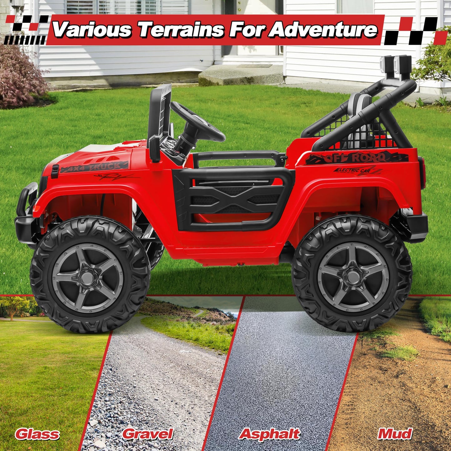 ANRLI 24V XL Ride on Car with Remote Control, 2 Seater 4WD/2WD Switchable Electric Car for Kids w/20 Inch Wide Seat, Gift Flower, 4X200W Power Car Wheels 24 Volt Big Trucks for Boys Girls, Red
