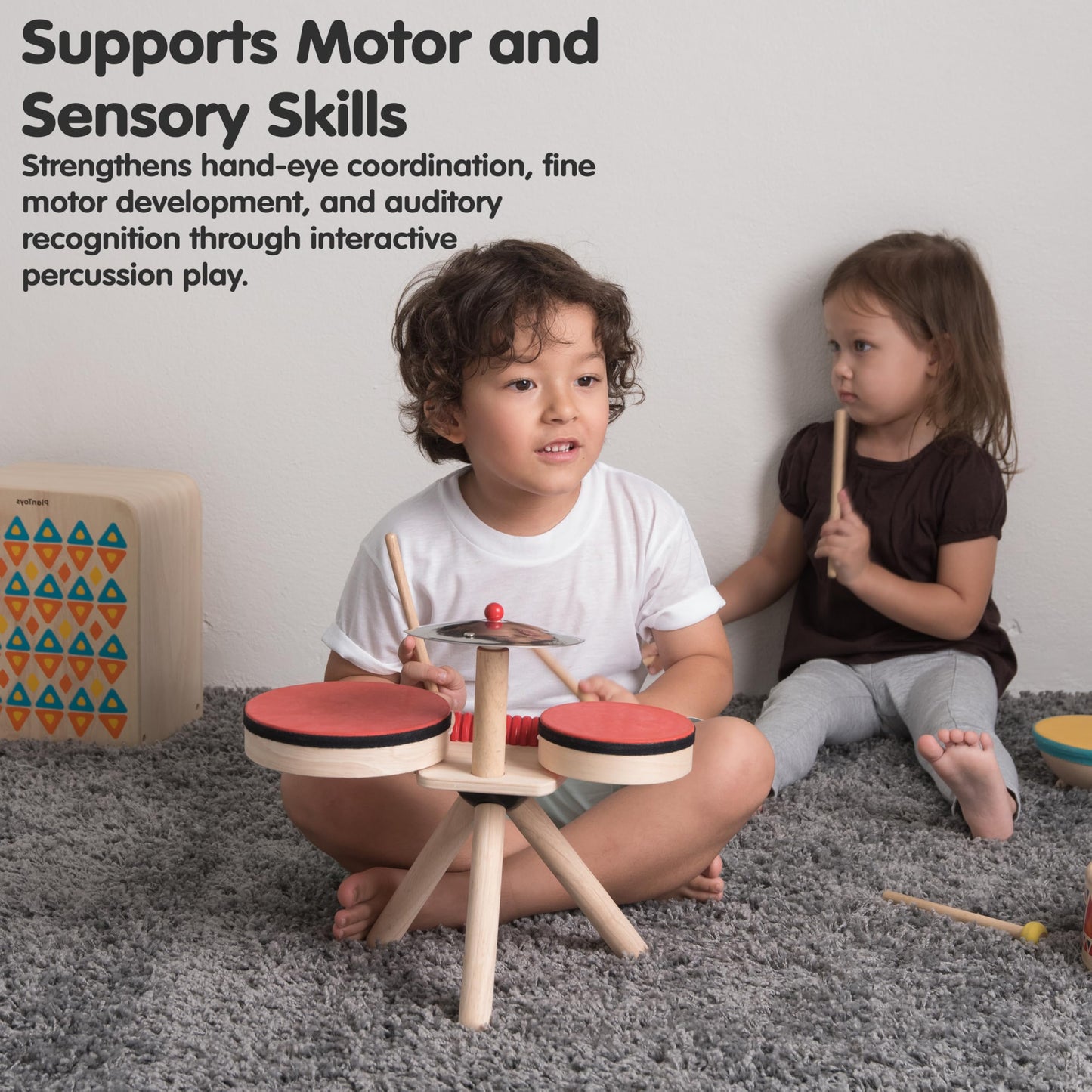 PlanToys® Musical Band Wooden Montessori Drum, Cymbal and Guiro Set | Early Sensory Exploration, Coordination and Creative Expression | Eco Friendly Music Toy for Meaningful Play